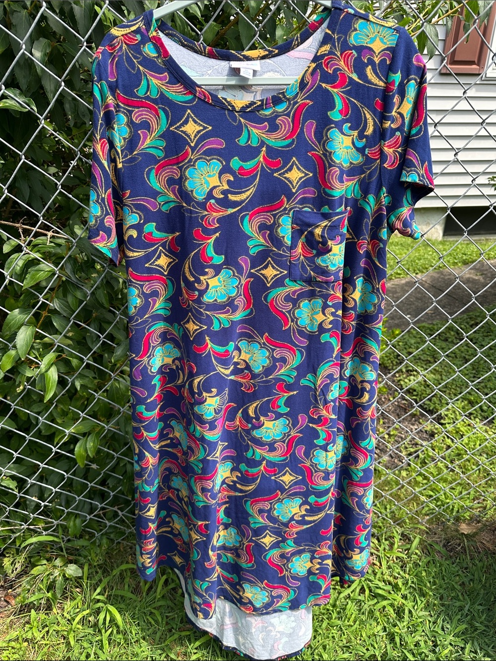 LuLaRoe Navy High-Low Dress with Teal, Pink & Gold Floral Swirls